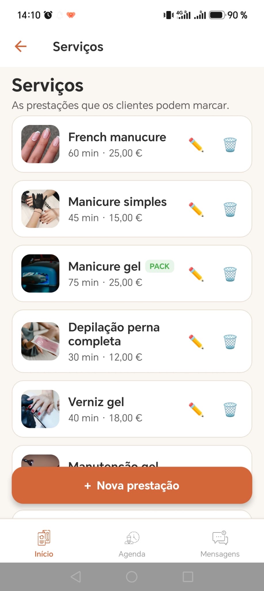 Configurar os serviços com preço e duração na app