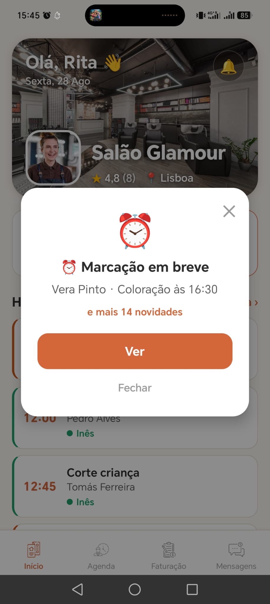 Aviso de nova marcação na app do prestador