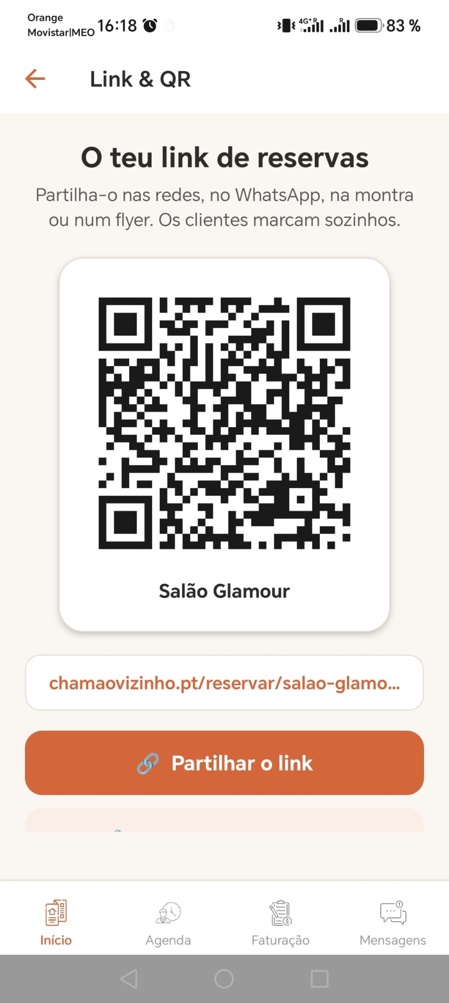 Link e QR code para partilhar a página de reservas