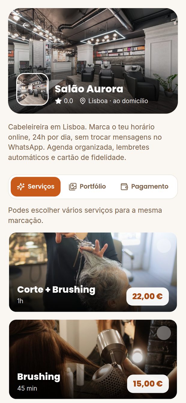 Página de marcações para Cabeleireiro