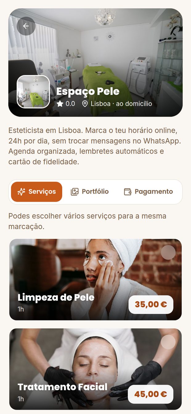 Página de marcações para Estética