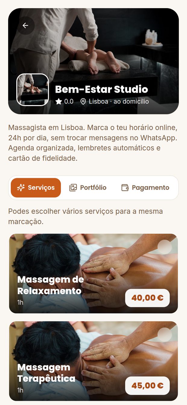 Página de marcações para Massagem