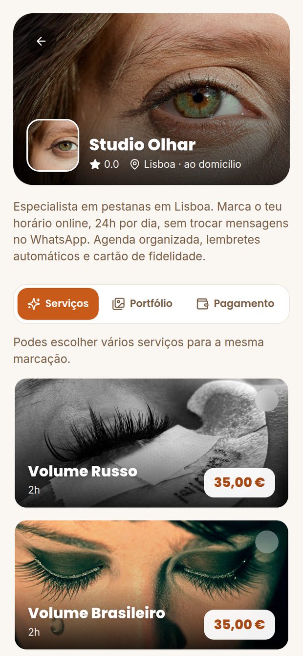 Página de marcações para Pestanas